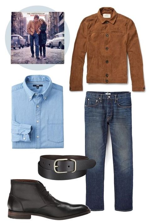 The Freewheelin' Bob Dylan outfit Light Denim Shirt, Chocolate Festival, Western Outfits Men, Academia Outfits, Big Men Fashion, Long Sleeve Denim Shirt, James Dean, Men Fashion Casual Outfits, Swaggy Outfits