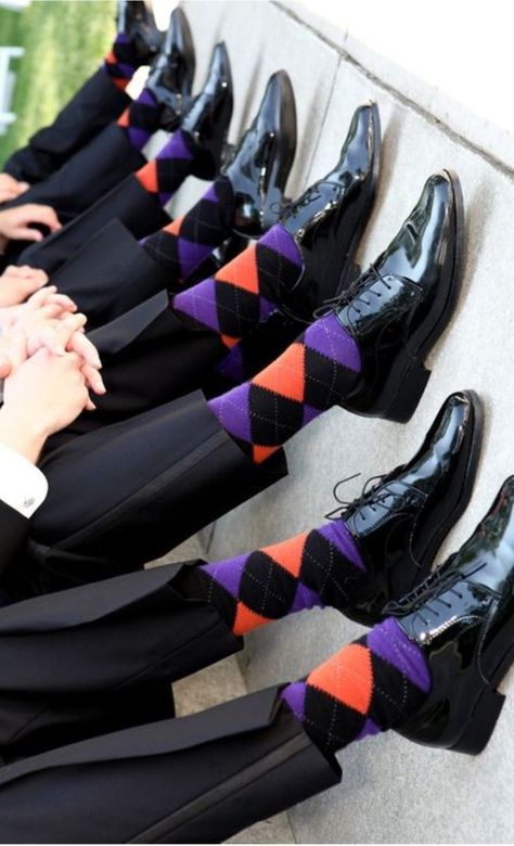 Purple Black And Orange Bouquet, Black And Orange Groomsmen, Halloween Wedding Groomsmen, Plum And Orange Wedding Decorations, Purple Orange And Black Wedding, Eggplant Burnt Orange Wedding, Purple And Orange Groomsmen Attire, Plum And Orange Wedding Ideas, Black Purple Orange Halloween Wedding