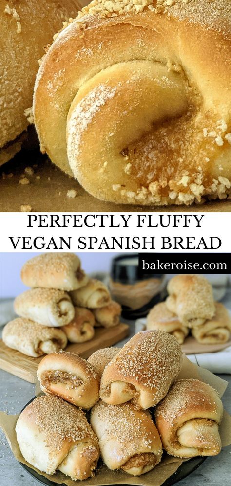 Fluffy Spanish bread sits on a plate with more Spanish bread around it. There is a ceramic mug of milk in the background to accompany the Spanish bread. Spanish Pastries, Spanish Bread Recipe, Vegan Spanish Recipes, Vegan Filipino, Breakfast With Coffee, Spanish Bread, Autumn Foods, Vegan Breads, Spanish Desserts