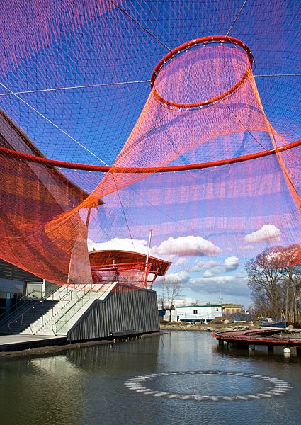 Janet Echelman “Water Sky Garden” 2009, total garden area about 75,000 sq. ft., installation view outside the Richmond Olympic Oval in Vancouver, British Columbia.  | surfacedesign.org Janet Echelman, Bridge Art, Sky Lanterns, Garden Area, Urban Furniture, Sky Garden, Chinese Garden, Rain Water Collection, Vancouver British Columbia