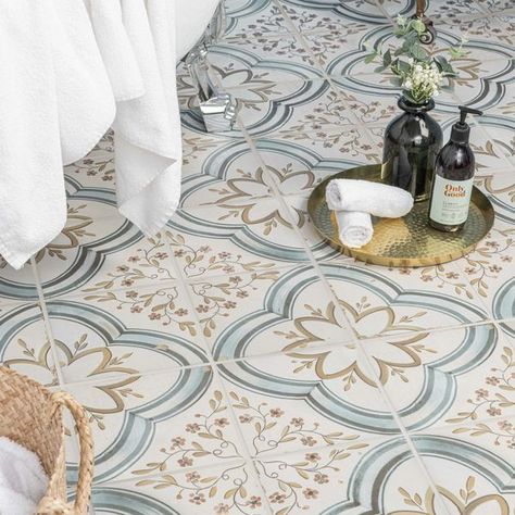 Cynosure Tiles | Walls and Floors Bathroom Flooring Ideas Pattern, Sunroom Floor Tiles, Bathroom Portuguese Tiles, Floor Wall Tile Combinations, Patterned Floor Tiles Bathroom, Patterned Bathroom Floor, Vintage Tile Floor, Bathroom Tiles Floor, Bathroom Rehab