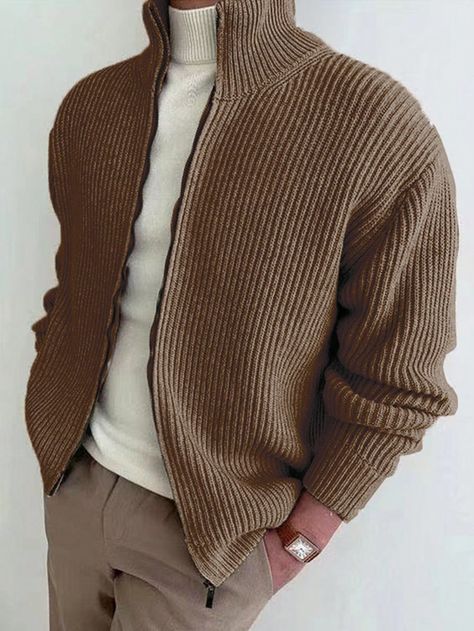 Coffee Brown Casual Collar Long Sleeve Fabric Plain  Embellished Slight Stretch  Men Clothing Quarterzip Outfits Men, Brown Cardigan Outfit Men, Men’s Cardigan, Quarterzip Outfits, Men’s Cardigan Outfit, Mens Fashion Cardigan, Mens Fall Outfits, Dc Fashion, Classy Outfits Men