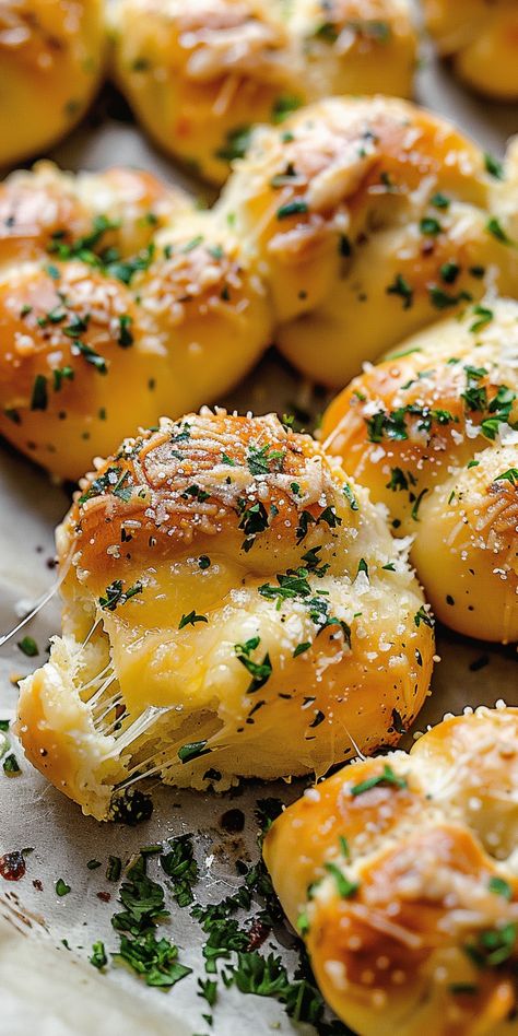 Cheese-Filled Garlic Knots [35 Minutes] – Chasety Rolls With Cheese Inside, Cheese Stuffed Garlic Knots, Pillsbury Garlic Knots, Plain Food Recipes, Winter Snack Recipes, Amazing Looking Food, Things To Cook With Friends, Food For Husband, Garlic Cheese Balls