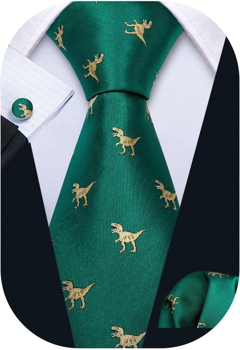 Amazon.com: Barry.Wang Green Ties for Men Dinosaur Handkerchief Cufflink Set St. Patrick's Day : Clothing, Shoes & Jewelry Green Ties, Burgundy Tie, Necktie Set, Gold Tie, Mens Silk Ties, Ties For Men, Tie For Men, Dinosaur Pattern, Gold Cufflinks