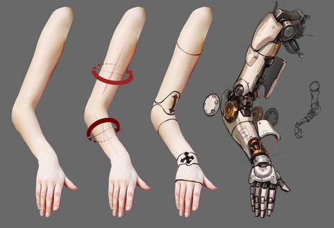 How to draw cybernetic arms - Imgur Metal Arm Drawing Reference, Mecha Arms Character Design, Metal Arm Drawing, Robot Aesthetic, Modern Cyberpunk, Robot Reference, Puppet Design, Cybernetic Arm, Arm Drawing