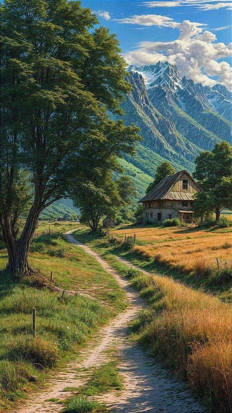 Cottage Landscape Photography, Senery Pic Drawing, House Scenery Painting, Rural Scenery Landscapes, Cottage Core Landscape Photography, Cottage Core Landscape Painting, Vegetables Photography, Beautiful Locations Nature, Fantasy House