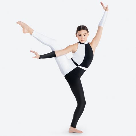 Black And White Dance Costumes, Black And White Dance Outfit, Revolution Costumes, Rock And Roll Dresses, Dance Moms Season, Dance Unitard, Color Guard Uniforms, Acro Dance, Aerial Costume