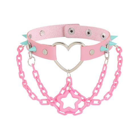 PRICES MAY VARY. [Material]:The punk choker is made of pink leather, alloy rivets and acrylic chain pendant, comfortable to wear is sweet and cool neck accessory. [Size]:The necklace adjustable size range is 13~15 inches/33.5~38.5CM.The collar is suitable for most women, you can adjust it according to your neck size. Due to manual measurement, the size may be slightly different. [Occasions]: Neck accessories are suitable for birthdays, shows, carnivals, parties, festivals, Halloween, music festi Collar For Women, Cosas Aesthetic, Pink Choker, Goth Accessories, Pastel Goth Fashion, Necklace Colorful, Neck Accessories, Gothic Necklace, Zooey Deschanel