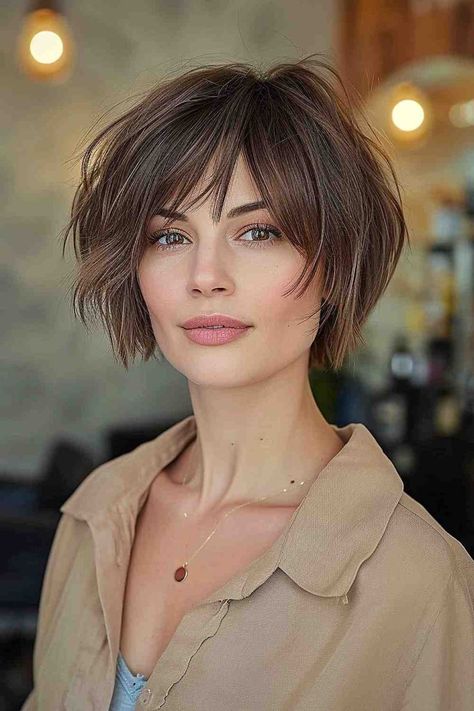 Jaw Length Haircut, Textured Bob With Side Swept Bangs, Short Hair Summer 2024, Shaggy Short Hair Straight, Chin Length Shag, Shag Lob, Bixie Colour Haircut 2024, Bob With Glasses, Shag Layered Hairstyles