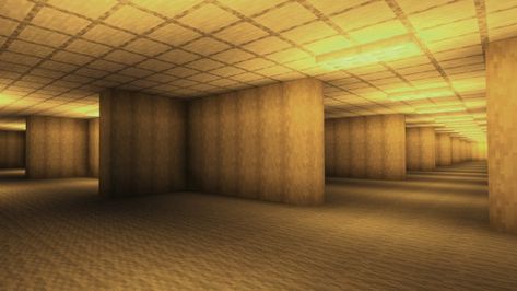 This rendering of "the backrooms" adds to the unsettling nature of this space with uniform colors, a seemingly endless hallway and uniformity throughout that makes every space feel the exact same Minecraft Perspective Reference, Minecraft Backrooms Ideas, Minecraft Backrooms Build, Liminal Space Minecraft, Minecraft Liminal Space, Minecraft Backrooms, Minecraft Hallway, Minecraft Liminal, Endless Hallway