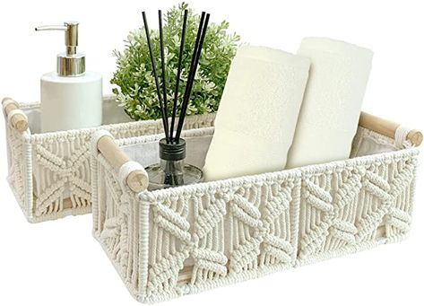 Macrame Storage Baskets, Macrame Storage, Macrame Basket, Bathroom Basket Storage, Shelf Cabinet, Decorative Storage Baskets, Woven Decor, Decorative Basket, Home Decor Baskets