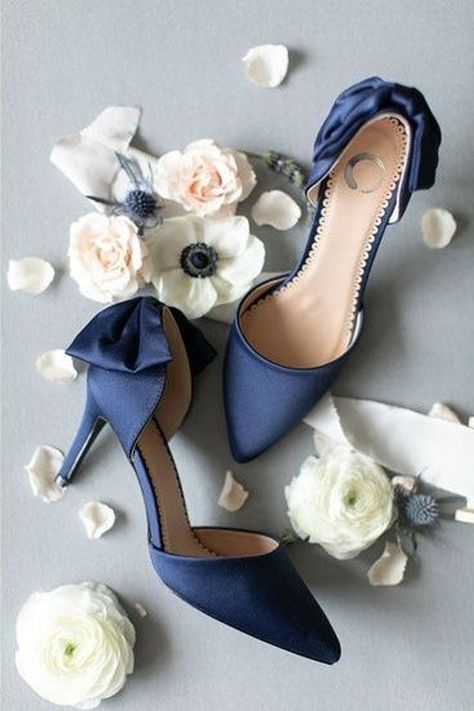 Katie chose a pair of beautiful navy blue bridal shoes for her wedding day. They were the perfect shade of blue and made for the ideal "something blue." See more of these wedding day shoes on the blog today! Navy Blue Wedding Heels, Blue Heels With Wedding Dress, Dark Blue Wedding Shoes, Navy Blue Wedding Shoes For Bride, Navy Heels Wedding, Blue Heels Wedding, Wedding Day Shoes, Wedding Shoes Blue, Midnight Blue Wedding