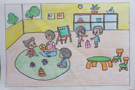 Drawing Of A Classroom, Classroom Drawing, Outer Space Crafts For Kids, Admission Post, Doodle Practice, Outer Space Crafts, Nursery Drawings, Assignment Ideas, Montessori House