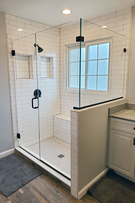 Shower Doors With Pony Wall, Glass Shower With Knee Wall, Large Corner Shower Ideas, Corner Shower With Window, Knee Wall Shower Ideas, Corner Glass Shower Ideas, Shower With Knee Wall, Shower Knee Wall, Shower With Pony Wall