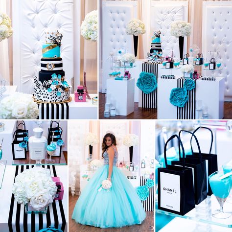 Coco Chanel Inspired Sweet Fifteen Sweet 16 Tiffany And Co Theme, Coco Chanel Party Theme, Tiffany Sweet 16, Coco Chanel Party, Chanel Birthday Party, Sweet 16 Party Themes, Sweets Ideas, Chanel Birthday, Sweet Fifteen