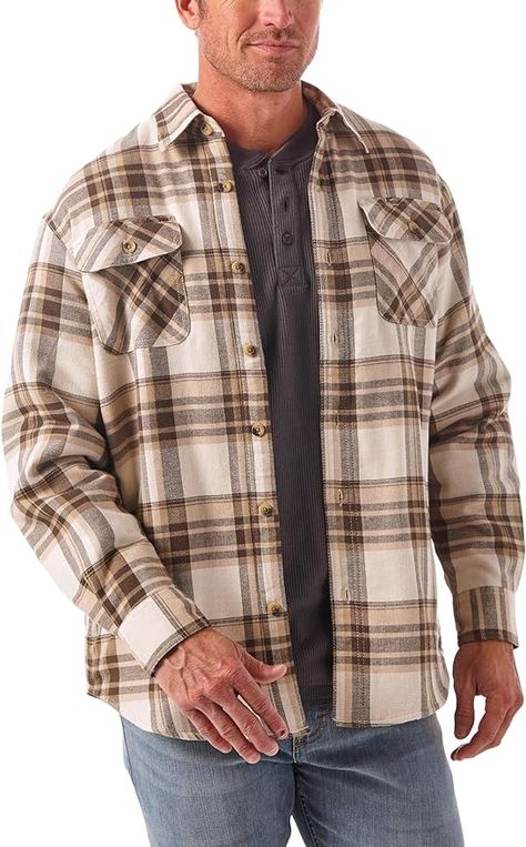 Wrangler Authentics Men's Long Sleeve Sherpa Lined Shirt Jacket at Amazon Men’s Clothing store Lined Flannel Shirt, Mens Sherpa, Winter Jacket Men, Sherpa Lined, Jacket Buttons, Denim Shirt, Flannel Shirt, Casual Button Down Shirts, Shirt Jacket