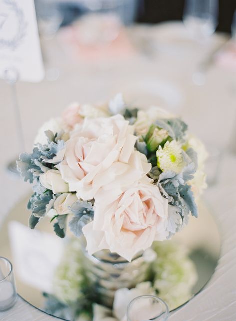 Dusty Miller Centerpiece, Dusty Miller Wedding, March Wedding Colors, Blush Centerpiece, Slate Blue Wedding, Blue And Blush Wedding, Pink Wedding Centerpieces, Wedding Flower Guide, Bridal Shower Decorations Diy