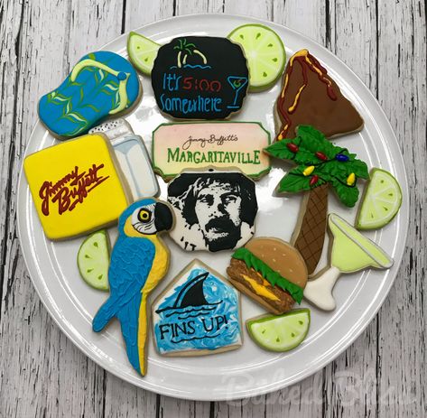 Jimmy Buffett cookies. Magrativille Jimmy Buffett Cookies, Margaritaville Cookies, Royal Icing Decorated Cookies, Moms 60th, Theme Cookies, Jimmy Buffet, Fun Cakes, Themed Cookies, Jimmy Buffett