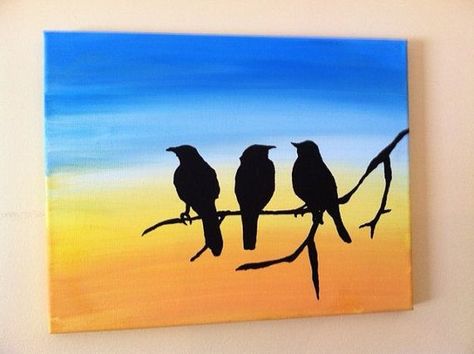 Original Acrylic Silhouette Painting of Birds on a Branch Sunset Canvas Painting, Birds On A Branch, Silhouette Painting, Oil Pastel Drawings, Bird Silhouette, Textured Painting, 수채화 그림, Deco Art, Diy Canvas Art Painting