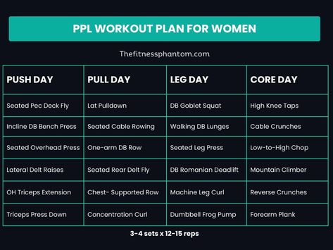 16-Week Push Pull Legs Split for Women to Get Toned w/ PDF 16 Week Workout Plan, Push Pull Legs Women, Push Pull Workout Routine, Push Pull Legs Workout, Leg Workout Plan, Rear Delt Fly, Seated Leg Press, Home Body Weight Workout, Push Day Workout