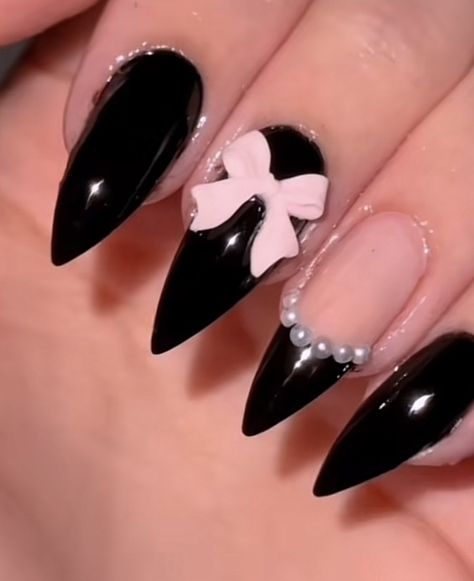 Acrylics With Charms, Light Pink And Black Nails, Black And Pink Coquette, Nails Black And Pink, Almond Nails Black, Pink And Black Nails, Pink Black Nails, Nail Black, Pink Coquette