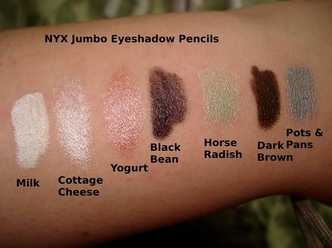 eye shadow swatches | Productrater!: Review: NYX Jumbo Eyeshadow Pencils Swatches Nyx Jumbo Eye Pencil Looks, Nyx Eye Pencil, Milk Beauty, Eye Shadow Pencil, Affordable Skin Care Routine, Eye Pencil Makeup, Nyx Jumbo Eye Pencil, Jumbo Eye Pencil, Nyx Eyeshadow