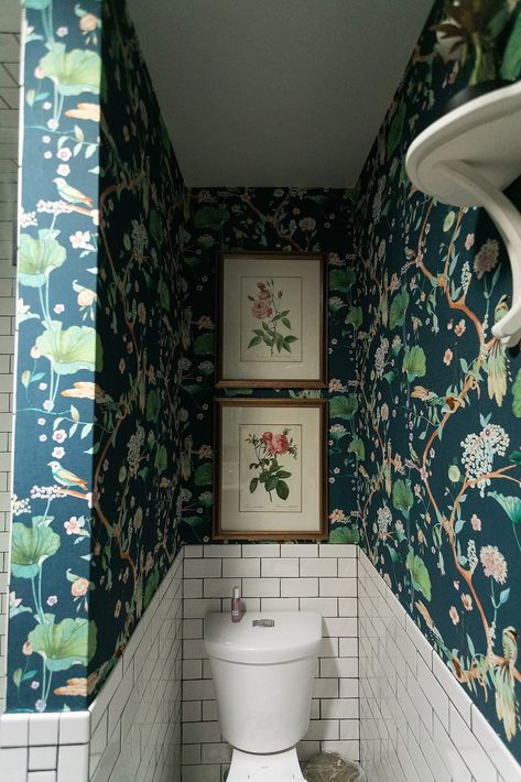 botanical prints above toilet/ Brewster Home Fashions Asa Whimsical Trail Blue Wallpaper / blue moody vinyl botanical bird wallpaper Cottagecore Bathroom Ideas, Blue Bird Wallpaper, Wallpaper Toilet, Cottagecore Bathroom, Moody Bathroom, Above Toilet, Metal Flower Wall Art, Floral Bathroom, Rattan Shades