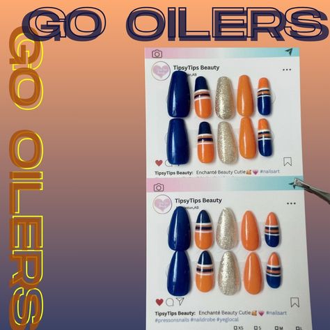 Enchanté Beauty Cutie 🎉 Drumroll, please!!! 🎉 I'm rolling out TIpsytips Beauty FIRST-EVER press-on nail design, and it's as wild as an Oilers game in overtime! 🏒💅 Inspired by the fearless spirit of the Oilers, these nails scream blue and orange louder than a fan in the front row! Available in two fab shapes - long coffin and almond - these nails are ready to bring some serious fun to your fingertips! Get ready to score big in style, because with these babies, you're guaranteed to be the MVP ... Oilers Nails Designs, Oilers Nails, Polish Design, Nail Polish Designs, Blue And Orange, Nail Design, Front Row, Scream, Press On Nails