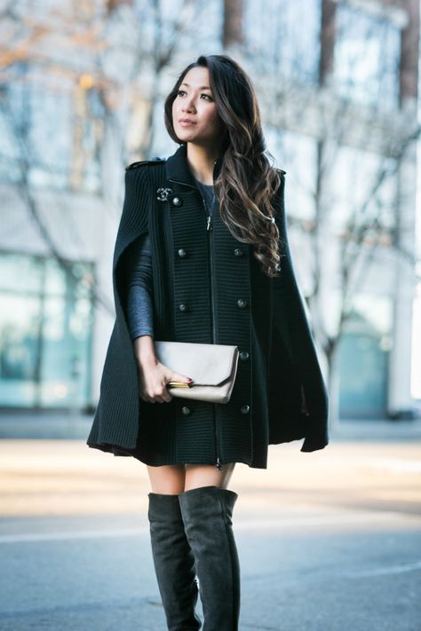 Cape Sweater Outfit, Wendy Nguyen, Balmain Sweater, Short Girl Fashion, Coat Cape, Sweater Cape, Wendy's Lookbook, Cape Sweater, Upcycle Sweater