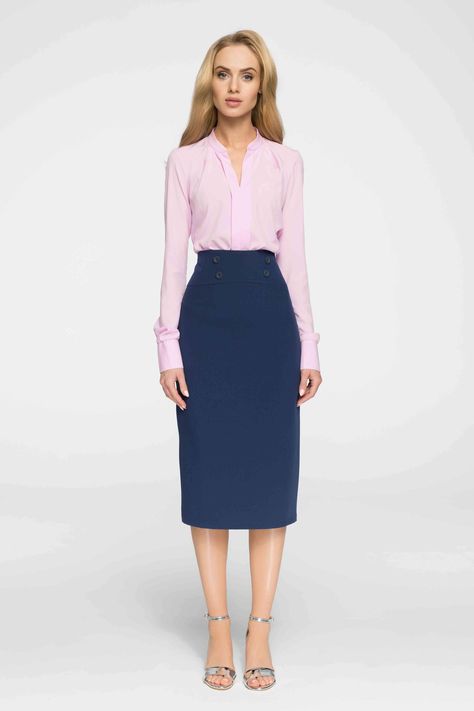 Blue Skirt Outfits, 2020 Clothes, Band Collar Blouse, Stylish Business Casual, Elegant Midi Skirt, Outfit Office, Office Suits, Navy Blue Pencil Skirt, Blue Pencil Skirt