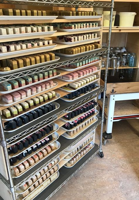 Soap Making Setup, Soap Making Room Ideas, Soap Store Display, Soap Room Ideas, Soap Studio Spaces, Soap Workshop Studio, Soap Storage Ideas, Soap Curing Rack, Soap Making Studio