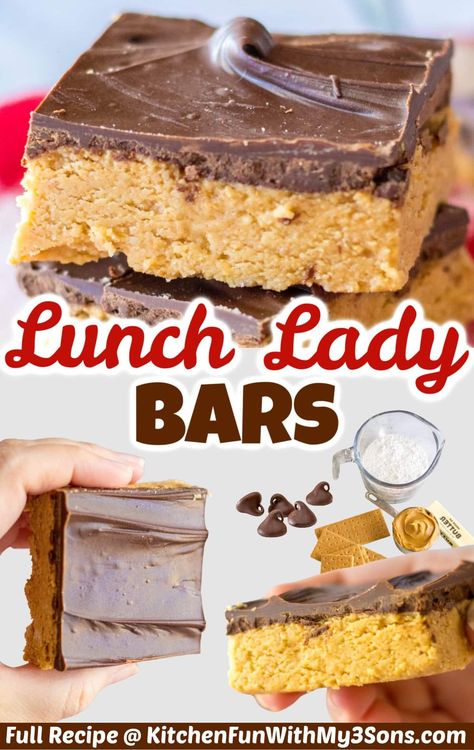 These no-bake Lunch Lady Peanut Butter Bars are the perfect after-school treat! With layers of chocolate and peanut butter, they are decadent and luscious. It’s the best of salty and sweet. This homemade version of the classic cafeteria dessert will surely become a family favorite. Lunch Lady Bars, Lunch Lady Peanut Butter Bars, Peanut Butter Dessert Recipes, Best Lunch Recipes, Peanut Butter Chocolate Bars, Chocolate And Peanut Butter, Dessert Bar Recipe, Butter Bars, Lunch Lady