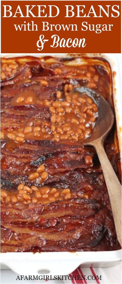 These Easy Baked Beans are perfect flavors of sweet, savory, with a touch of spice. This baked beans recipe is perfect for BBQ’s, picnics, and potlucks. So easy to make these baked beans!  #bakedbeans #beans #easyrecipes #dinner #recipe #bacon #brownsugar Savory Baked Beans Recipe, Baked Beans Recipe Oven, Bushes Baked Beans Recipe, Brown Sugar Baked Beans, Smoked Beans, Pork And Beans Recipe, Bake Beans, Southern Baked Beans, Simple Baked Beans Recipe