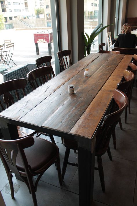 Witch Cafe, Restaurant Design Rustic, Dining Table Industrial, Wooden Cafe, Book Witch, Plank Table, Bar In Casa, Build A Table, Shabby Chic Table And Chairs