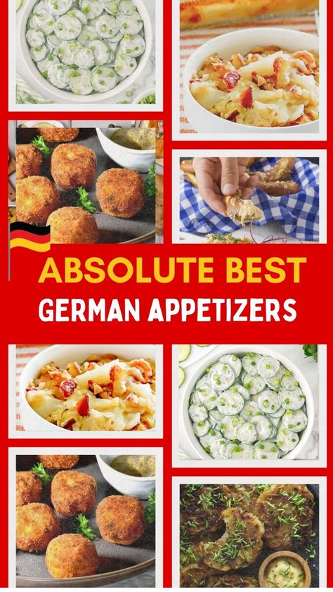 German appetizers including cucumber salad, potato salad, meatballs, and breaded snacks. Vegetarian German Food, Authentic German Appetizers, German Foods Oktoberfest, German Themed Party Food, German New Years Food, British Appetizers Easy, German Charcuterie Board, Appetizers From Around The World, German Sides