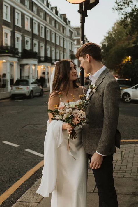 Micro church wedding and an intimate pub reception at dusk with the bride in a slip wedding dress by Alba Turnbull Photography Slip Wedding Dress With Veil, Uk Elopement, London Elopement, Shots Wedding, Slip Wedding Dress, City Wedding Photos, Wedding Dresses Ideas, Marriage Photography, Wedding Shooting