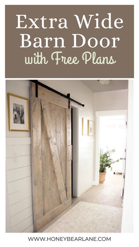 Ready to upgrade your home decor with a DIY project? Our extra wide barn door with free plans is the perfect place to start! Add a touch of farmhouse style to any room with this easy-to-follow tutorial. Diy Farm Doors Sliding, Barn Doors Diy, Wide Barn Door, Build A Barn Door, Barn Door Diy, Diy Barn Door Plans, Bedroom Barn Door, Door Plans, Farm Door