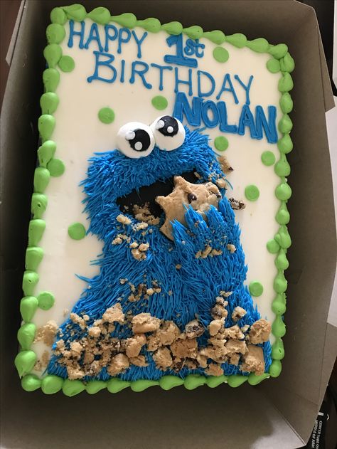 Cookie Monster Cake 2nd Birthday, Cookie Monster Snacks, Cookie Monster Foodie Truck Party, Cookie Monster Sheet Cake, Cookie Monster Birthday Party Decorations, Elmo And Cookie Monster Cake, Cookie Monster Cake Ideas, Cookie Monster 2nd Birthday Girl, Cookie Monster Cookies Decorated