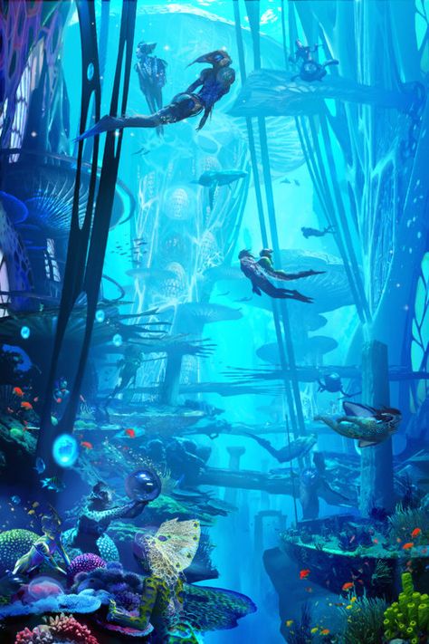 Underwater Kingdom Art, Fantasy Underwater City Concept Art, Mermaid City Concept Art, Mermaid City Underwater, Fantasy Ocean City, Underwater City Aesthetic, Hydropunk Aesthetic, Underwater City Concept Art, Underwater City Fantasy Art