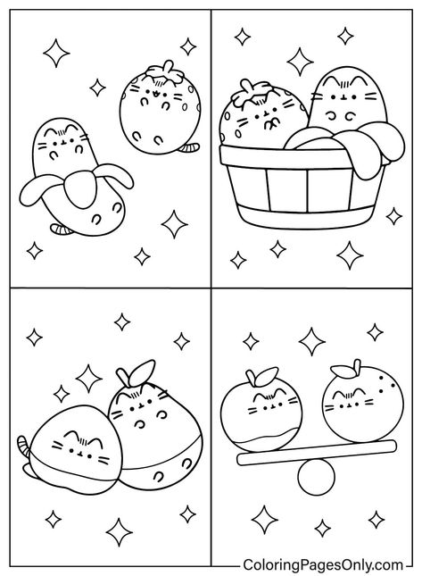 Pusheen Cat Coloring Pages, Collage Coloring Pages, Sanrio Coloring Book, Pusheen Gifts, Cozy Coloring Pages, Pusheen Coloring Pages, Sanrio Coloring, Pusheen Birthday, Fruit Collage