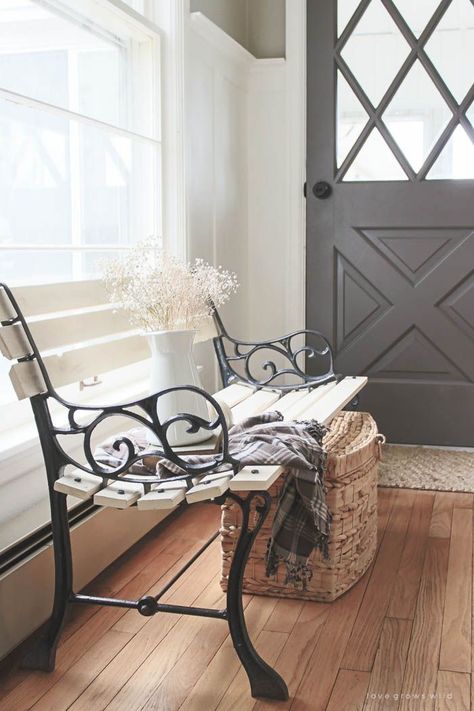 Farmhouse Thrift Store Makeovers, Cast Iron Bench, Farmhouse Entryway, Cottage Market, Iron Bench, Beautiful Farmhouse, Trash To Treasure, Indoor Bench, The Cottage