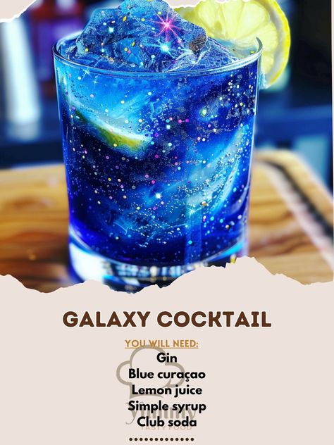 🌌🍹 Explore the cosmos with a Galaxy Cocktail! #GalaxyCocktail Galaxy Cocktail Ingredients: Gin (1.5 oz) Blue curaçao (0.5 oz) Lemon juice (1 oz) Simple syrup (0.5 oz) Club soda (2 oz) Ice (1 cup) Edible glitter (for garnish) Instructions: Fill a shaker with ice. Add gin, blue curaçao, lemon juice, and simple syrup. Shake well and strain into a glass filled with ice. Top with club soda and garnish with edible glitter. 🍹🌌 This mesmerizing cocktail is perfect for a night under the stars. Enj... Fancy Drinks Alcohol, Galaxy Cocktail, Glitter Cocktails, Star Cocktail, Bartender Drinks Recipes, Simple Syrup Cocktails, A Night Under The Stars, Fun Drinks Alcohol, Night Under The Stars