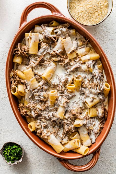 Leftover Pot Roast Casserole Recipe with Pasta - CucinaByElena Pot Roast Pasta Recipes, Roast Beef Casserole Leftover, Leftover Pot Roast Recipes Casseroles, Leftover Roast Beef And Gravy Recipes, Leftover Pot Roast Recipe, Recipes For Leftover Pot Roast, Leftover Noodles Recipes, Leftover Italian Beef Recipes, Shredded Beef Pasta