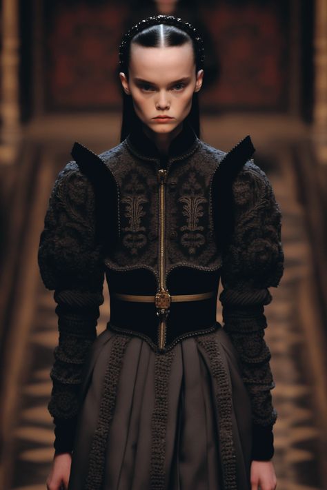 Wednesday Addams on a fashion show Generated in Midjourney by @rosloth Gothic Medieval Fashion, Medieval Gothic Fashion, Gothic Inspired Fashion, Medieval Inspired Fashion, Wednesday Addams Fashion, Medieval Couture, Gothic High Fashion, Wednesday Fashion, Villain Fashion