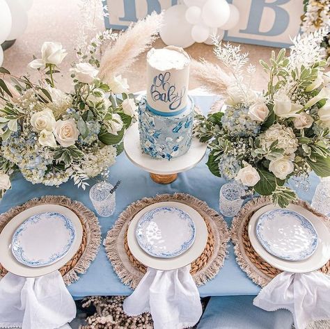 Oh Baby Cake + Guest Table from a Backyard Bohemian Baby Shower on Kara's Party Ideas | KarasPartyIdeas.com Boy Tea Party Baby Shower Ideas, Boy Baby Shower Tea Party, Baby Boy Tea Party Shower Ideas, Classic Baby Boy Shower Ideas, Baby Shower September, Baby Blue Color Palette, Backyard Bohemian, Bohemian Baby Shower, Baby Shower Theme Decorations