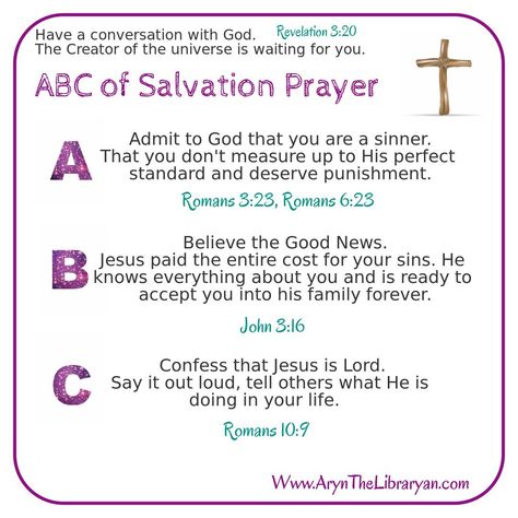 A-Admit to God that you are a Sinner. B-Believe that Jesus is God's Son. C-Confess that Jesus is Lord. The 3 steps to salvation. It's simple, but not easy! Read more about this and grab your free ABC of Salvation Prayer Printable! #prayer #printable #JesusSaves Abc Of Salvation, Roman Road To Salvation, Romans Road, Salvation Scriptures, Salvation Prayer, Gospel Tracts, Romans 3 23, Plan Of Salvation, Bible Journal Notes