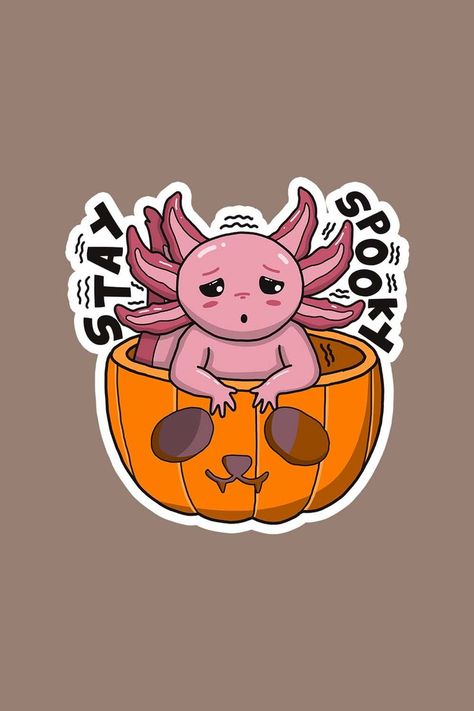 Cute axolotl in spooky pumpkin. Decorate and personalize laptops, windows, and more. #axolotl #salamander #amphibian #walkingfish #halloween #spooky #pumpkin Cute Axolotl, Stay Spooky, Spooky Pumpkin, Halloween Clipart, Sticker Cute, Halloween Spooky, Amphibians, Snoopy, Clip Art