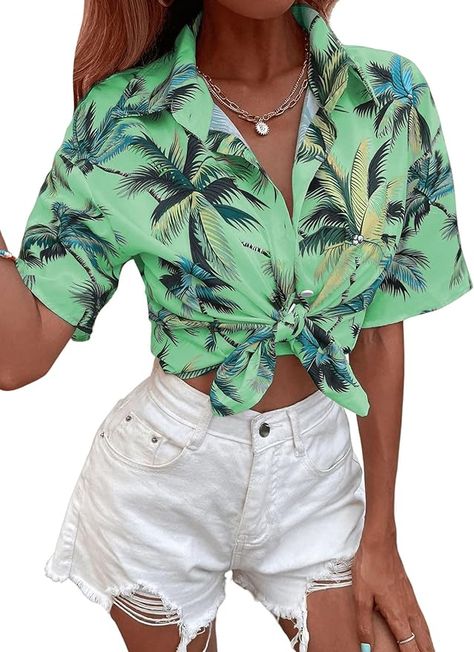 SweatyRocks Women's Short Sleeve Cute Print Button Down Shirt Tops Tropical White M at Amazon Women’s Clothing store Amazon Women, Clothing Store, Button Downs, Top Shirt, Button Down Shirt, Blouses, Womens Shorts, White, Clothes