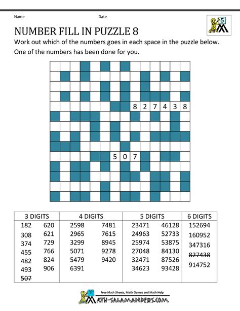 printable number puzzles number fill in puzzle 8 Free Printable Crossword Puzzles, Fill In Puzzles, Puzzles Printable, Grid Puzzles, Printable Crossword Puzzles, Math Sheets, Math Puzzles, Number Puzzles, Printable Puzzles