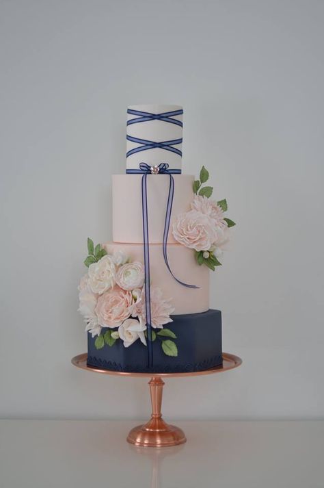 Navy Blush Wedding Cake, Navy And Blush Wedding Cake, Pale Pink Wedding Cake, Navy Peach Wedding, Peach Wedding Cake, Light Blue Wedding Cake, Blush Pink Wedding Cake, Navy Blush Weddings, Navy Blue Wedding Cakes